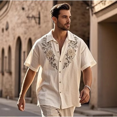 Retro style 3D printed Mens Short sleeve Shirt