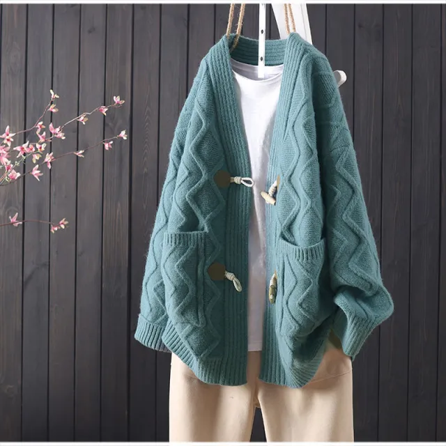 Loose Western Style All match Horn Button Sweater For Women Sky Blue - Shop at LoveMi