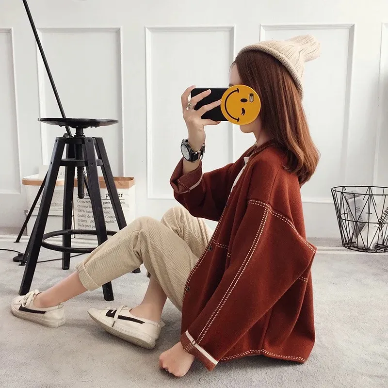 Women's Korean-style Sweater Cardigan Autumn Winter Coat - Brown