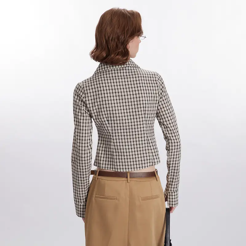 Plaid Pleated Design Shirt Womens Short Slim-Fit Long-Sleeve Top In A Sassy Style