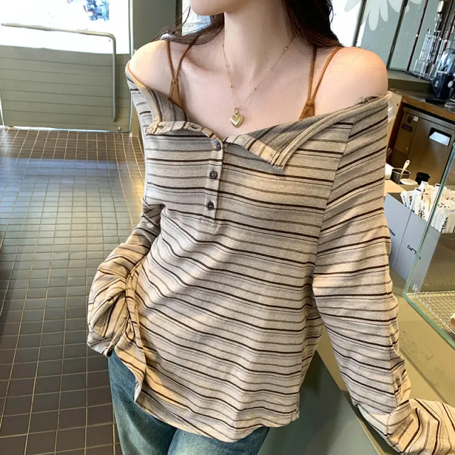 Off shoulder Loose fitting Striped Long Sleeves T shirt For Women Brown - Shop at LoveMi