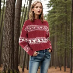 Jacquard Retro Contrast Color Red Sweater European And American Loose Round Neck Christmas New Year Sweater - Red - View 1