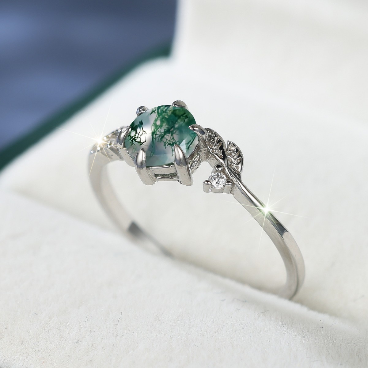 925 Sterling Silver Round Agate Edge Branch Six-claw Ring