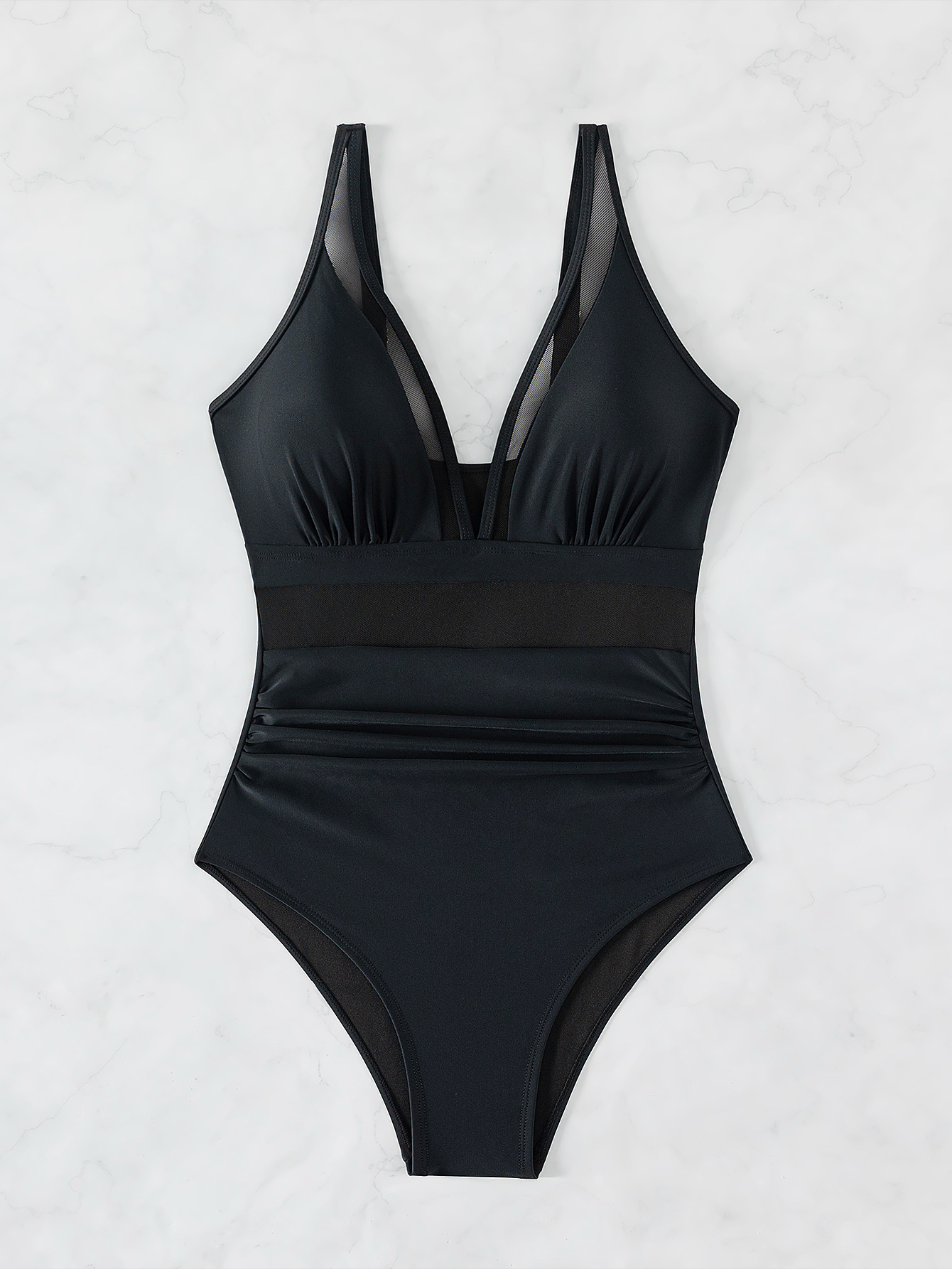 Pure Color Mesh Halter Bikini One-piece Swimsuit - Image 13