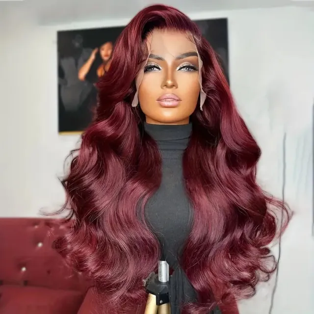 Front Lace Wig Women's Medium Large Wave Long Curly Hair Wine Red - Shop at LoveMi