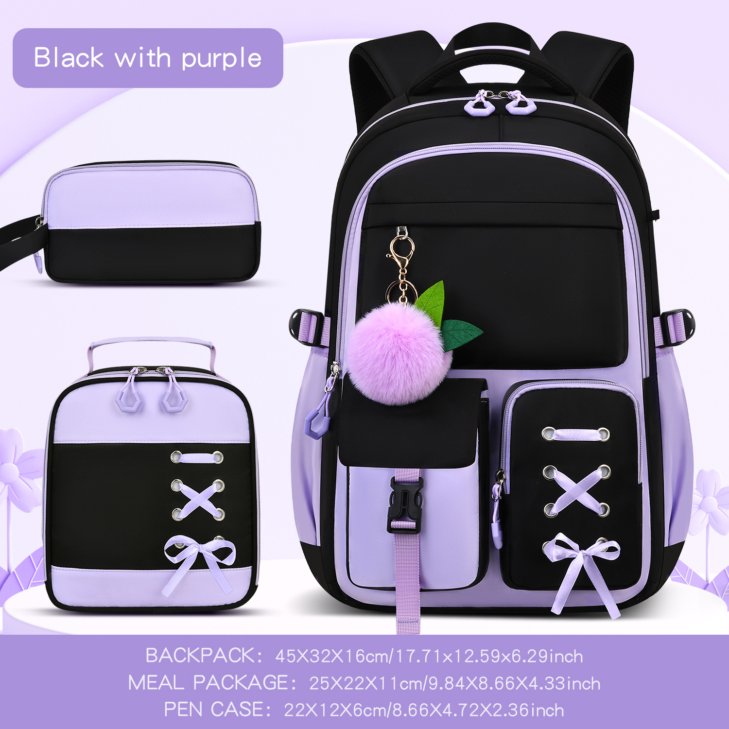 Large-capacity Backpack Three-piece School Bag Set Black Purple 3PCs