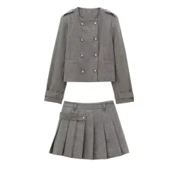 European And American Series Double-breasted Blended Coat Width Pleated Skirt - Set-Xs - View 1