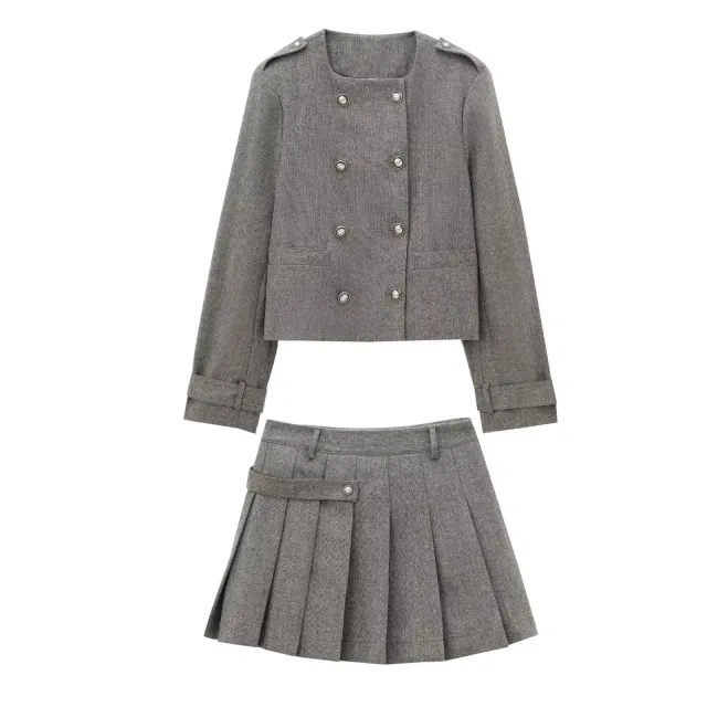 European And American Series Double breasted Blended Coat Width Pleated Skirt Set Xs - Shop at LoveMi