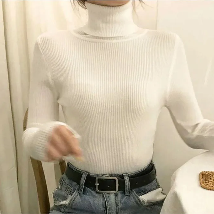 Bottoming Shirt 3 Kinds Of Rib Knitted Top - White High Collar