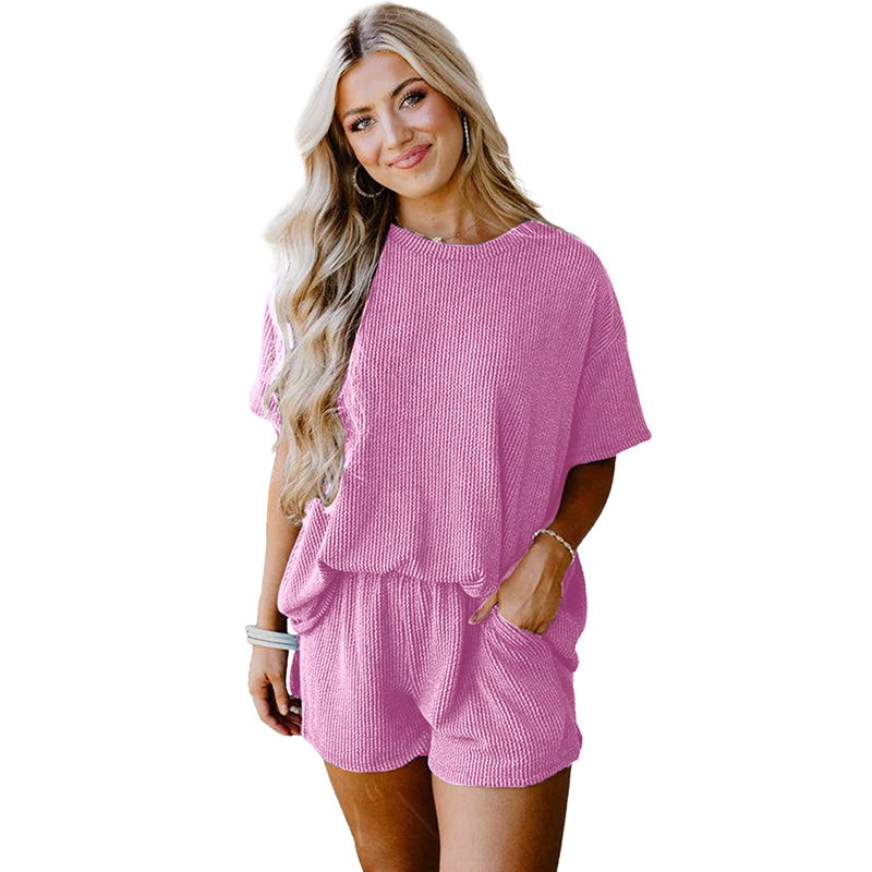 Solid Color Short sleeved Top And Shorts Two piece Set Purple - Shop at LoveMi