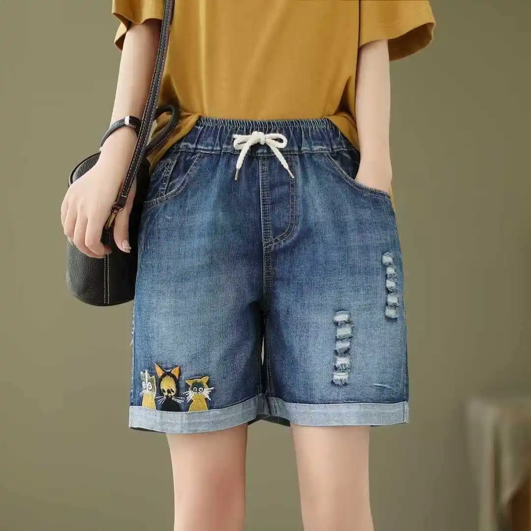 Cartoon Cat Embroidered Elastic-Waist Lace-Up Denim Shorts