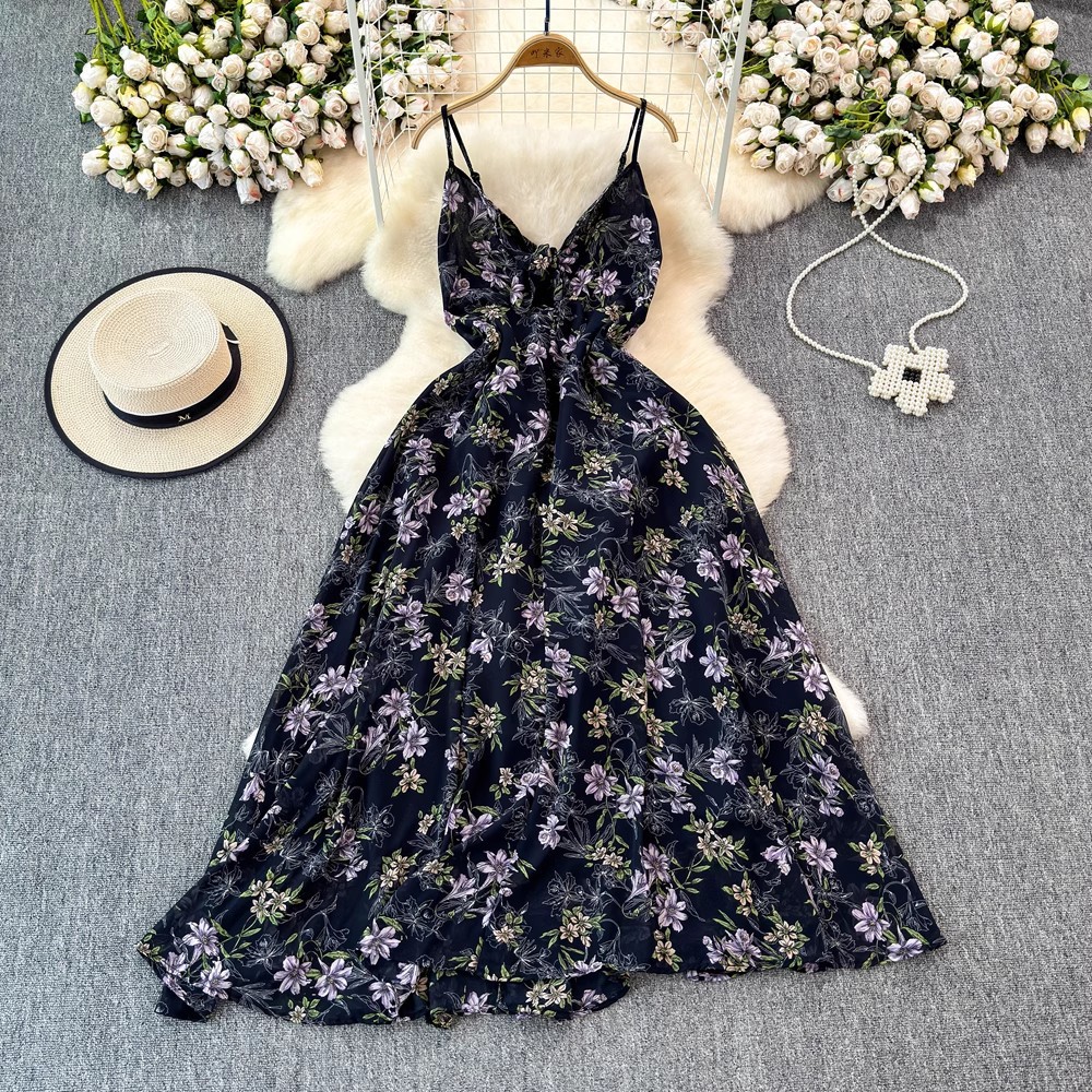 Colorful Flora V-neck Strap Dress Women
