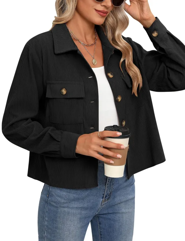 Women's Fashion Short Short Shirt Corduroy Button Black - Shop at LoveMi
