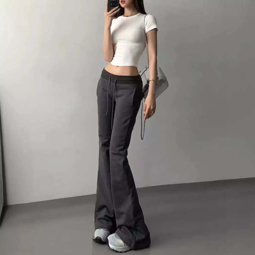 Women's Casual Flared Pants Low Waist Yoga Pants - Gray