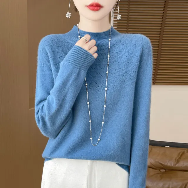Front Line Ready made Garments Half collar Wool Sweater Women's Inner Wearing Hollow out Loose Knitted Base Haze Blue - Shop at LoveMi