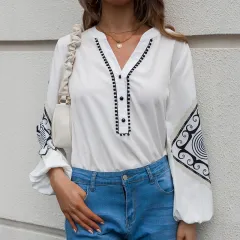 V-neck Flared Sleeves Top Single-breasted Geometric Printed Loose Long Sleeves - Red - View 1