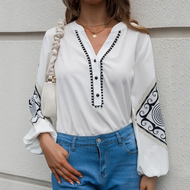 V neck Flared Sleeves Top Single breasted Geometric Printed Loose Long Sleeves Red - Shop at LoveMi