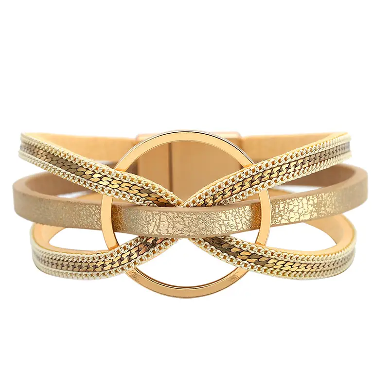 Minimalist Multi-layer Geometric Ring Magnetic Snap Leather Bracelet