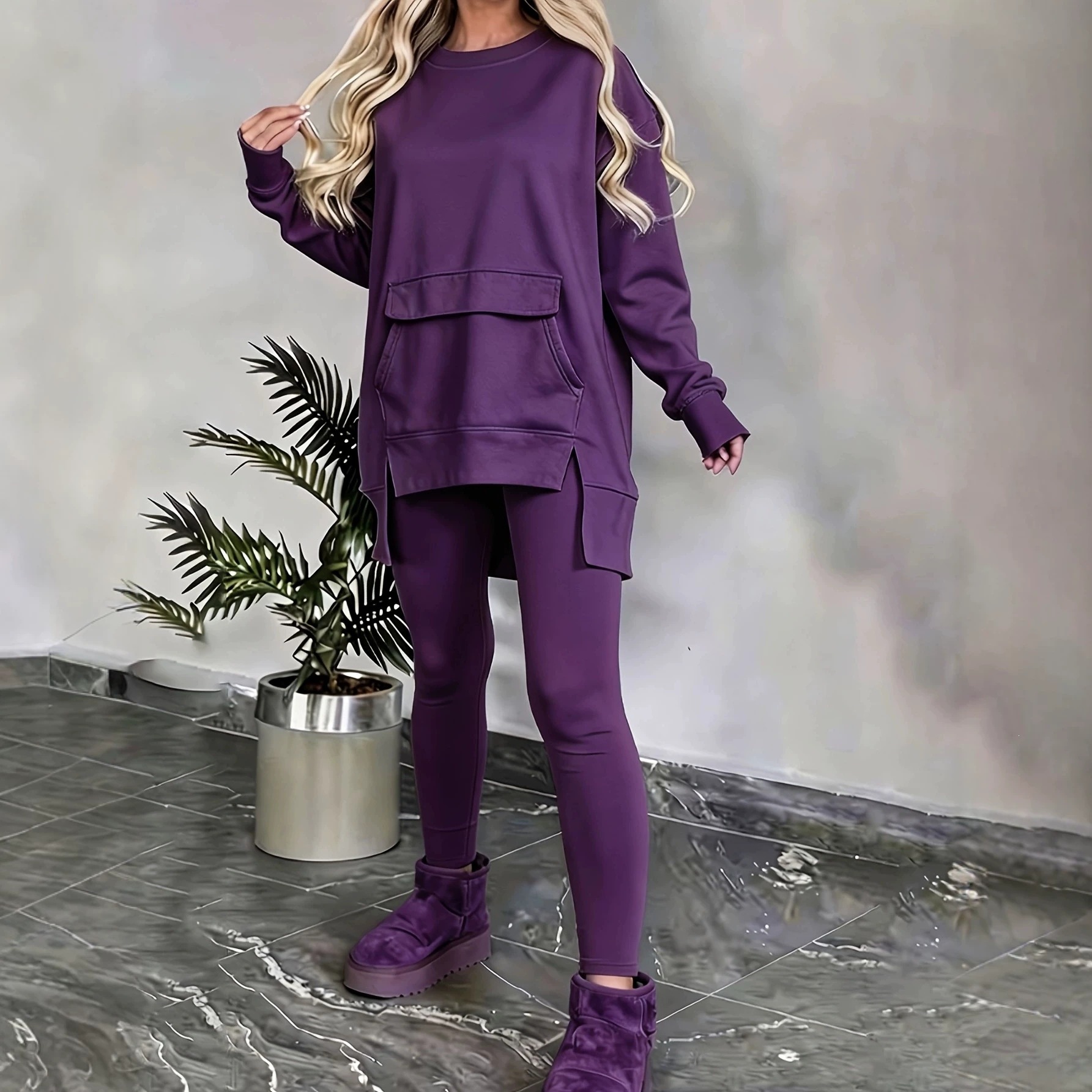 Round-neck Solid-color Comfortable Top Casual Two-piece Set