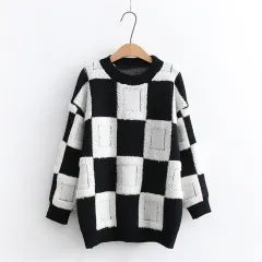 Women's Fashion Casual Chessboard Knitted Pullover Sweater - Black And White Grid - View 1