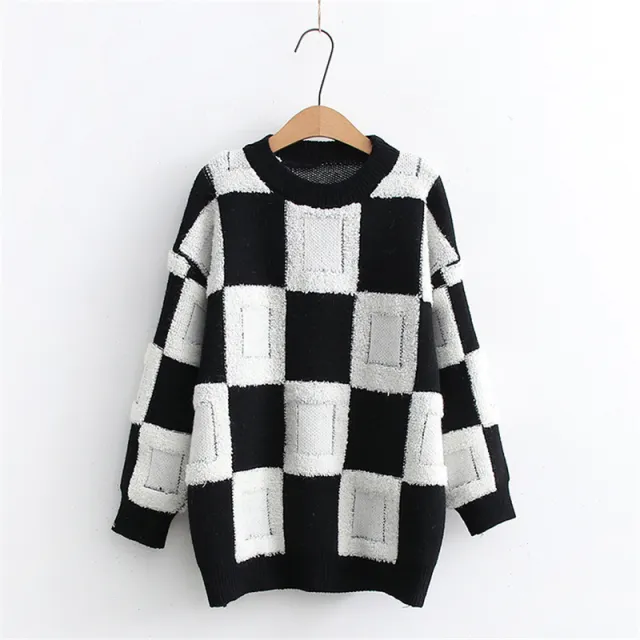 Women's Fashion Casual Chessboard Knitted Pullover Sweater Black And White Grid - Shop at LoveMi
