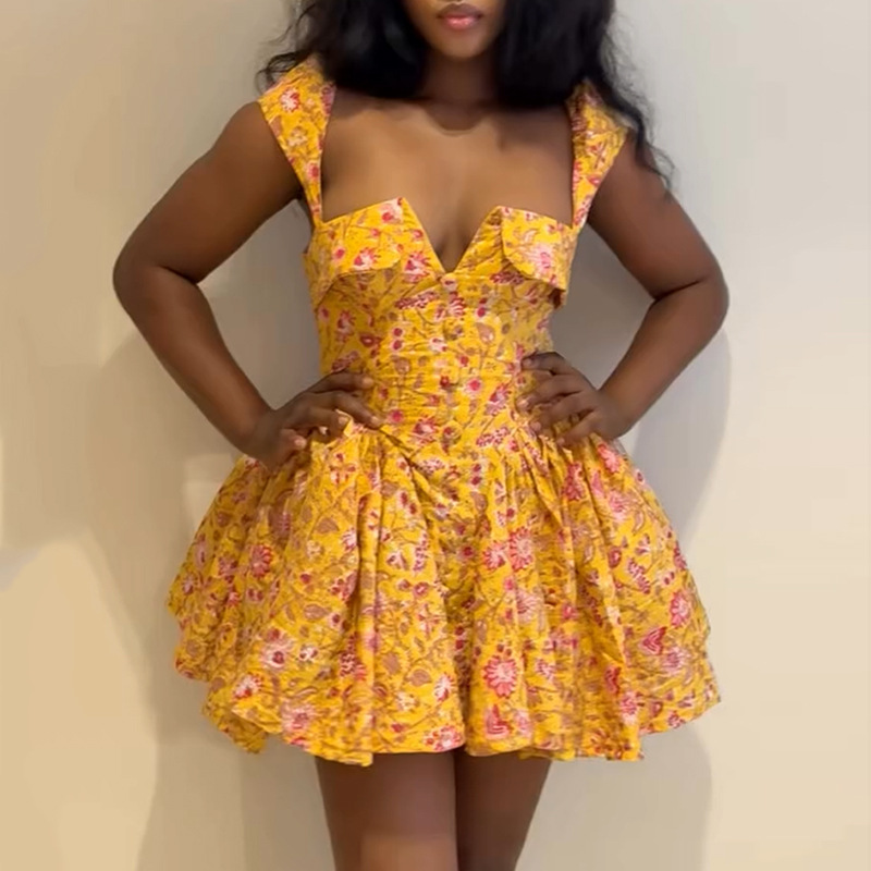 Printed High waisted A line Irregular Short Dress Yellow - Shop at LoveMi