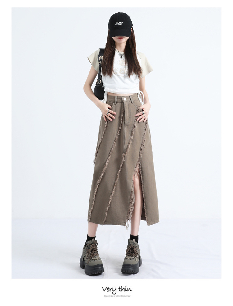 Street-Style Khaki High-Waisted Denim Skirt, Raw Hem & Slit