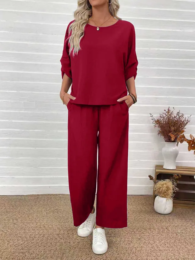 Women's Casual Top Wide Leg Pants Set Red - Shop at LoveMi