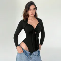 European And American Slim Fit Long-sleeved T-shirt Design Sense Niche Top Jumpsuit - Black - View 1