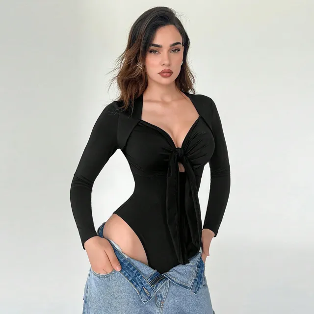 European And American Slim Fit Long sleeved T shirt Design Sense Niche Top Jumpsuit Black - Shop at LoveMi