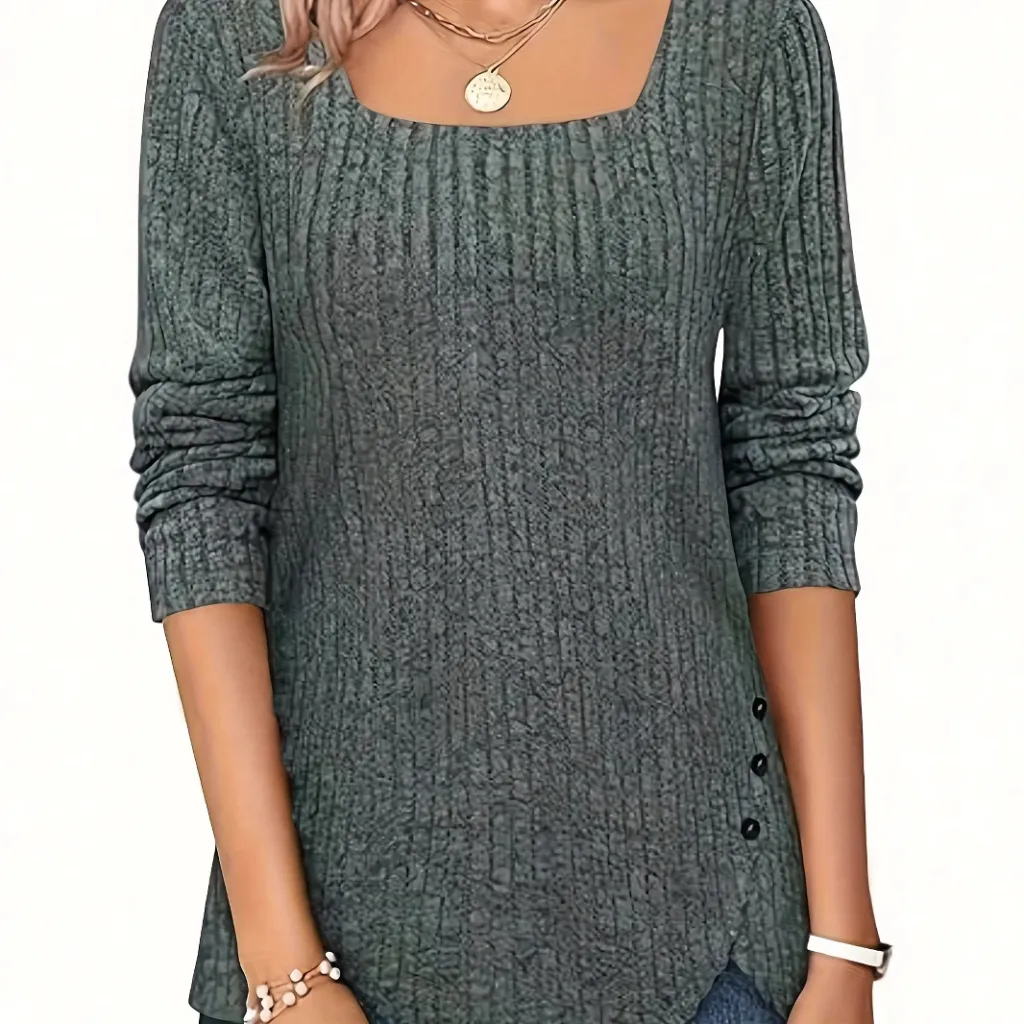 Solid Color Rib Fabric Square Collar Loose Long Sleeve Top - Olive