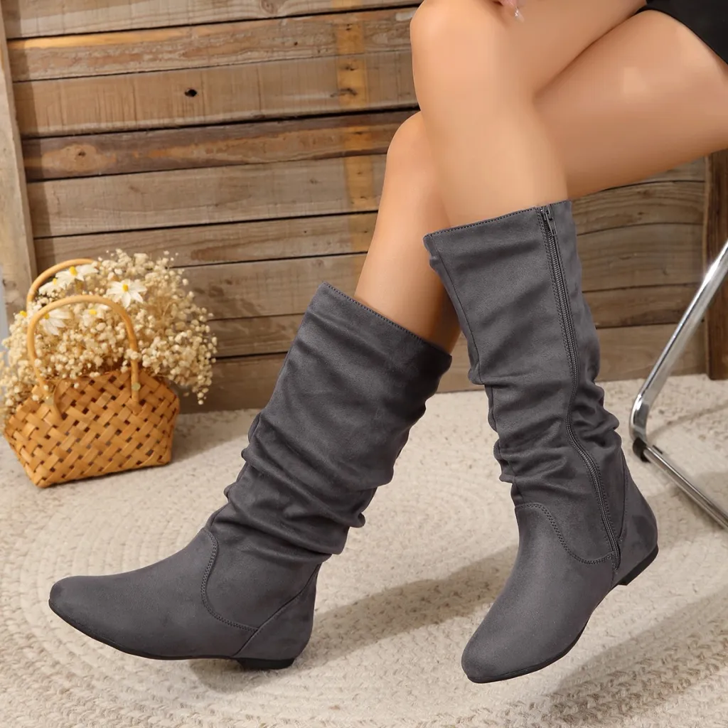 Winter Warm Round Toe Side Zipper Women's Middle Boots - Gray