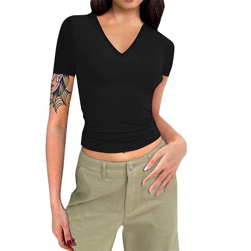 Solid-color V-neck Slim-fit Short-sleeve Crop Top