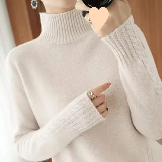 Autumn And Winter New Trendy Semi high Collar Sweater Women's Solid Color Knitted Bottoming Shirt Beige - Shop at LoveMi