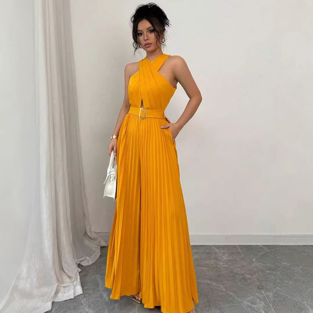 Womens Solid-color French-style Halter-neck Waist-cinching Wide-leg Jumpsuit