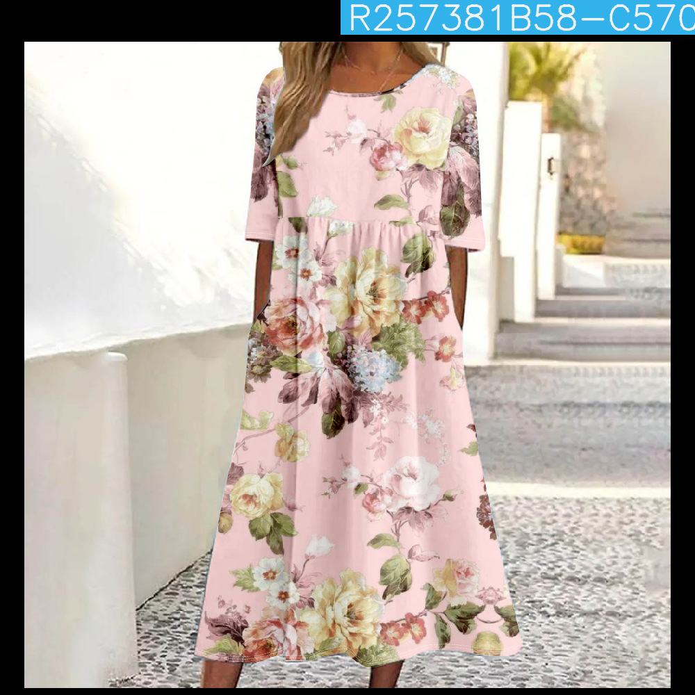 New Mid Waist Casual Round Neck Printed Swing Women's Dress