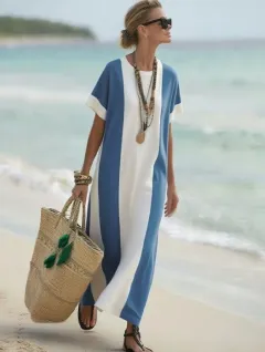 Women's Fashion Casual Round Neck Short Sleeve Dress - Blue - View 1