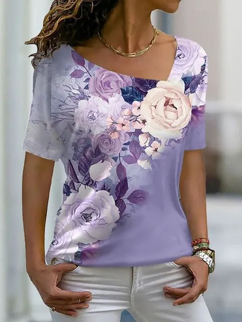 Women's Fashion Asymmetric V-neck T-shirt - Ppt230912E-3Xl