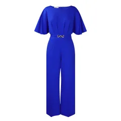 Fashion Round Neck Solid Colour High Waist Plus Size African Wide Leg Jumpsuit - Sapphire Blue - View 1