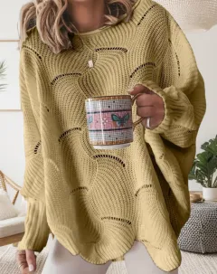 European And American Leisure Fashion Plus Size Hollow-out Hook Flower Loose Solid Colour Sweater - Yellow - View 1