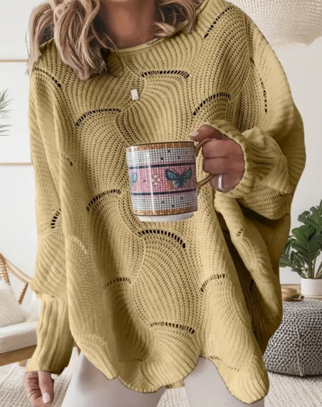 European And American Leisure Fashion Plus Size Hollow out Hook Flower Loose Solid Color Sweater Yellow - Shop at LoveMi