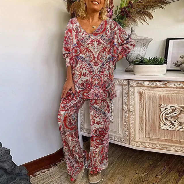 Women's Fashion Floral V Neck Top Casual Pants Set Red - Shop at LoveMi