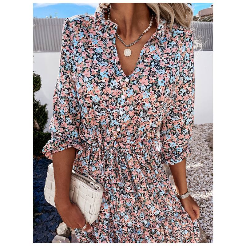 SpringSummer New Digital Print Lace Midi Dress Blue - Shop at LoveMi