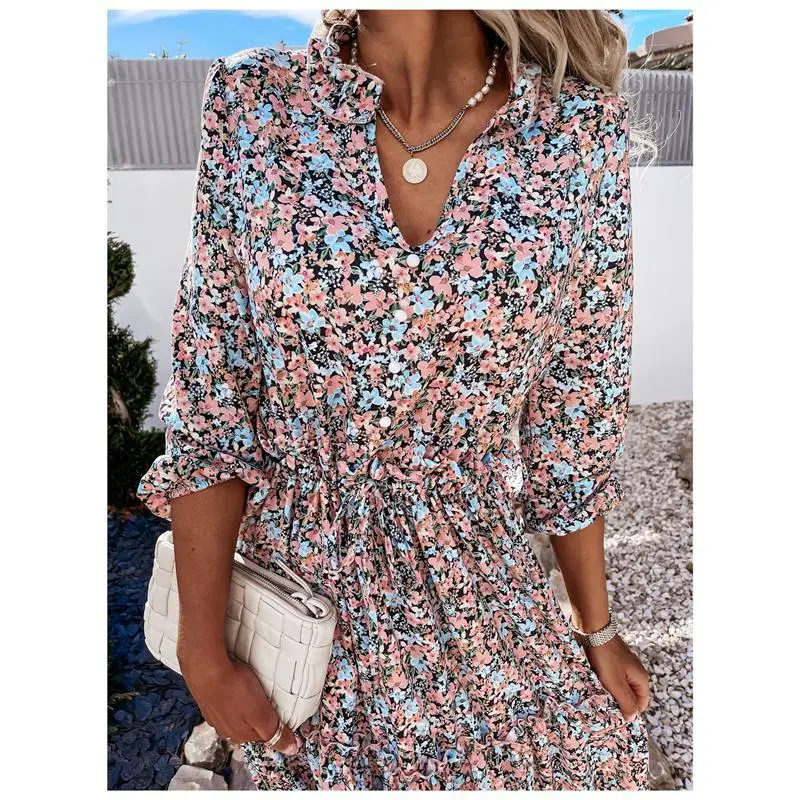 SpringSummer New Digital Print Lace Midi Dress - Blue
