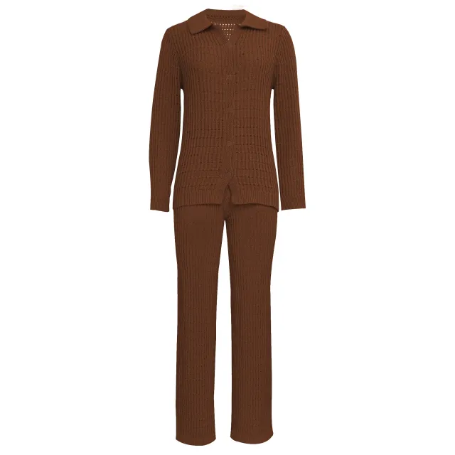 Solid Color Knit Shirt Straight Leg Pants Fashion Suit Dark Brown - Shop at LoveMi