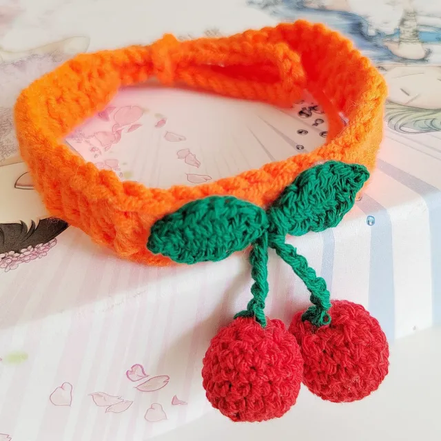 Cat Collar Knitted Handmade Pet Collar Wool Silent Collar Orange Cherry - Shop at LoveMi