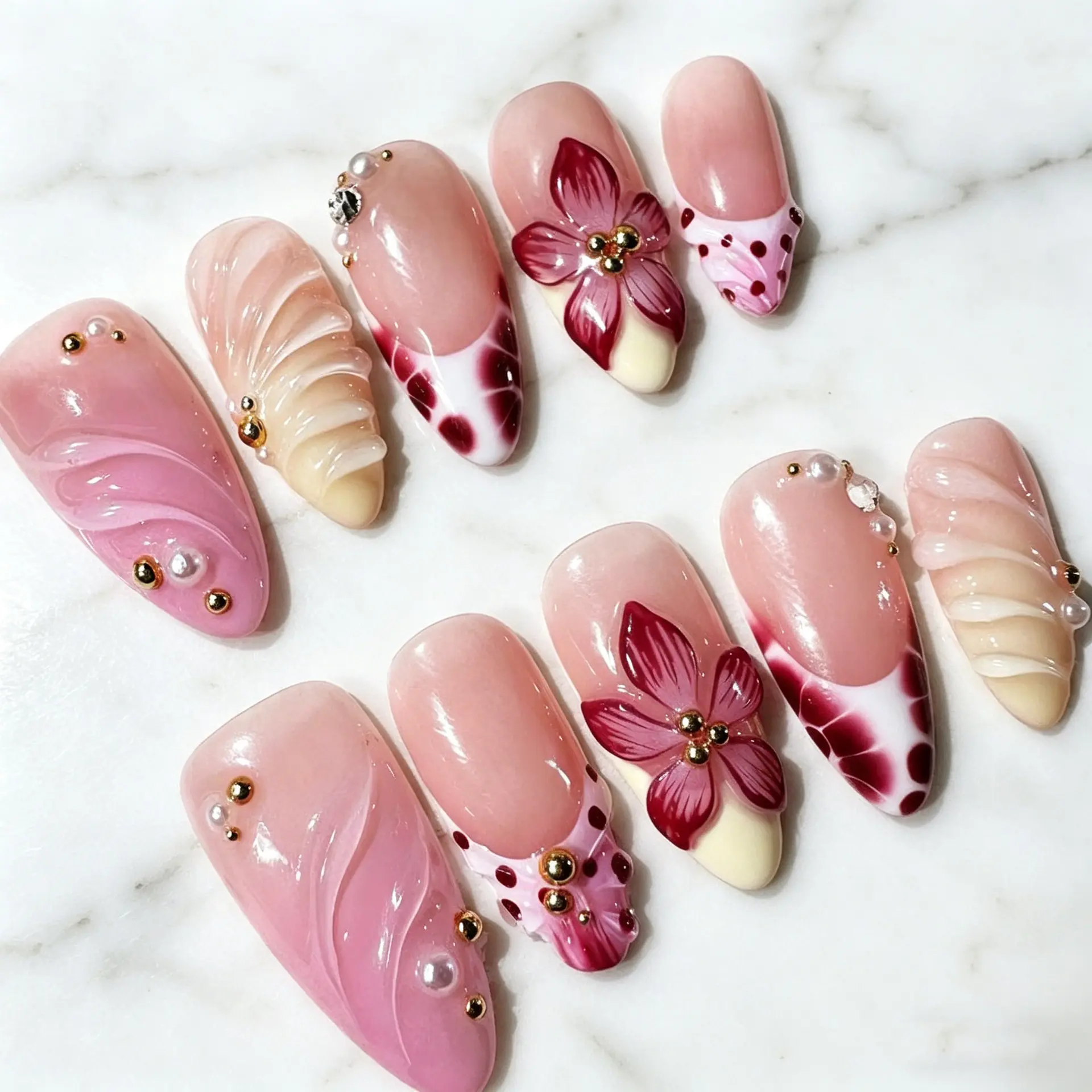 Medium-length Nude Gradient Three-dimensional Floral Press-on Nails