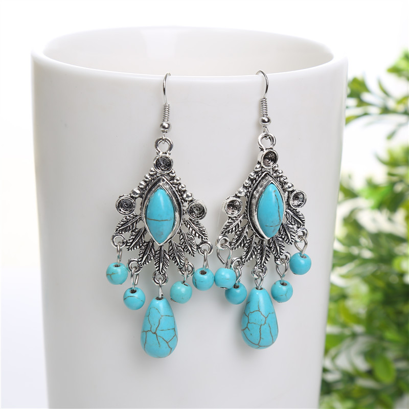 Fashionable Bohemian Vintage Carved Turquoise Teardrop Tassel Earrings