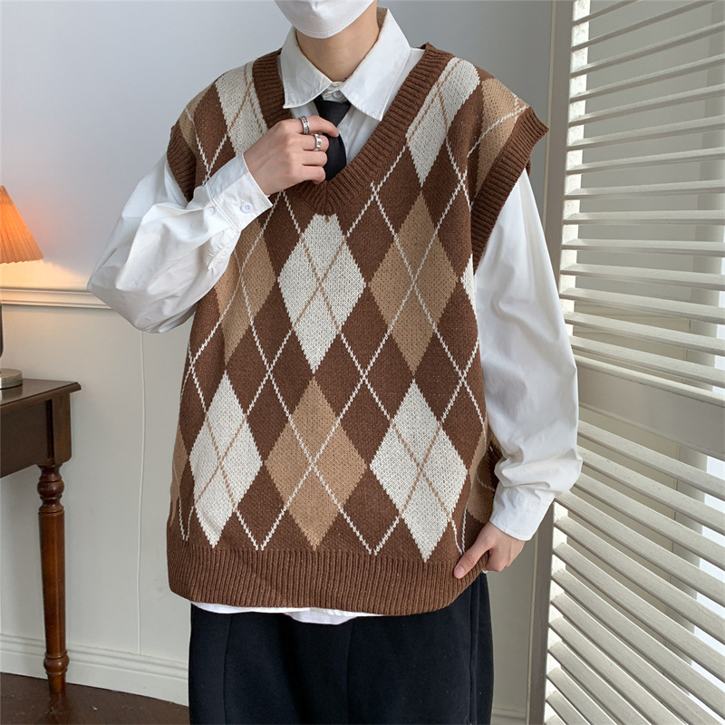 Men's Diamond-pattern V-neck Vest Sweater Vintage Pull-over Vest For Outerwear