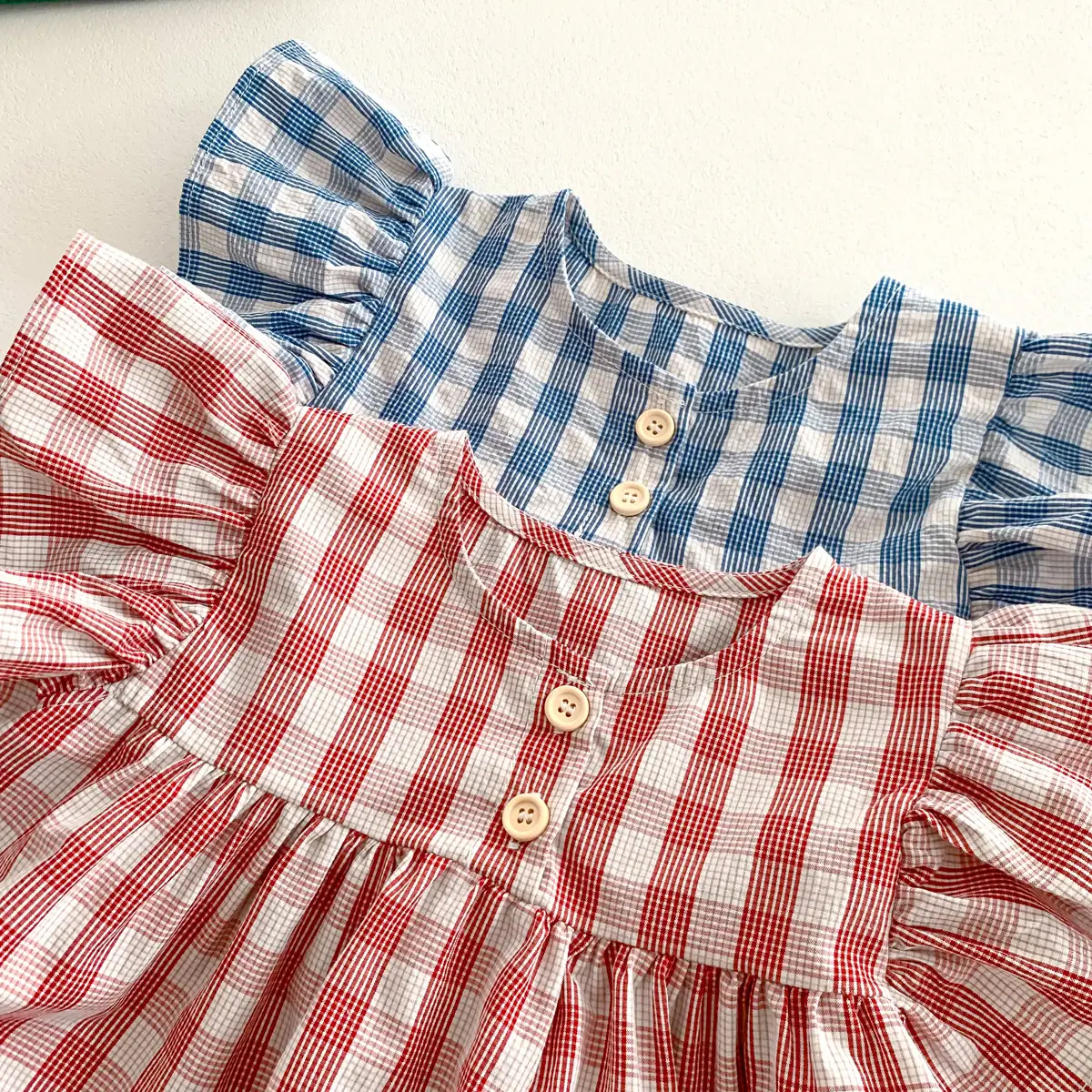 Cotton Thin Plaid Short Sleeve Shorts Suit Girls